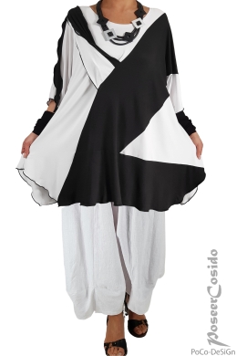 Bänder Tunika Long-Shirt Colorblock schwarz weiß