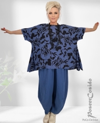Big Size Tunika Shirt Leaves blau schwarz